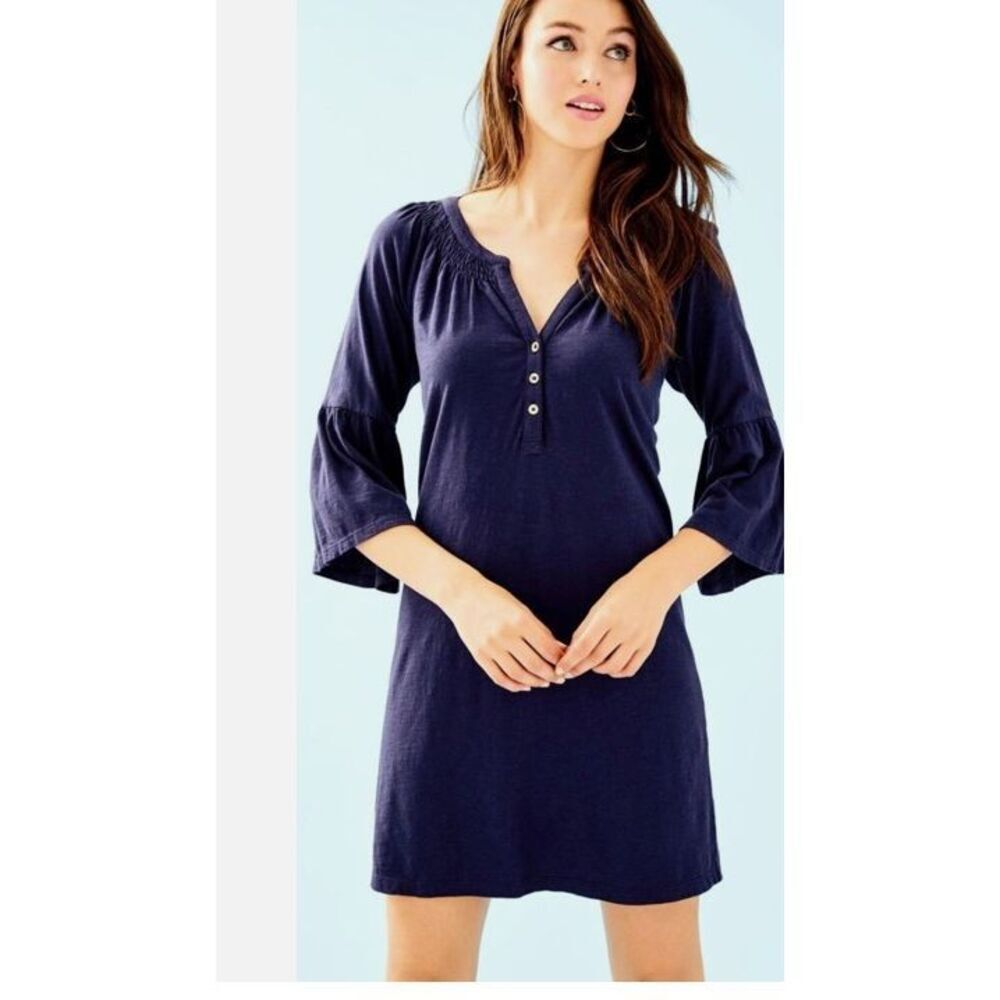 Lilly Pulitzer Teigen Tee Shirt Dress Navy Blue Ruffled Sleeve Cotton